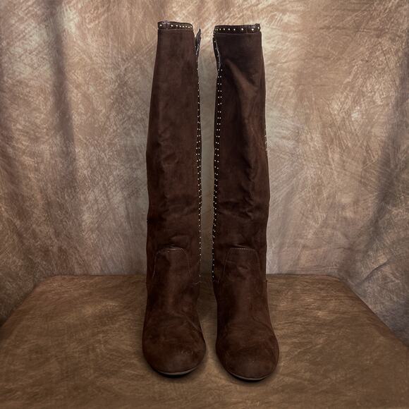 Adrinnne Vittadini Studded Riding Boots Brown Faux Suede Chunky Heel Women's 8 - Picture 5 of 10
